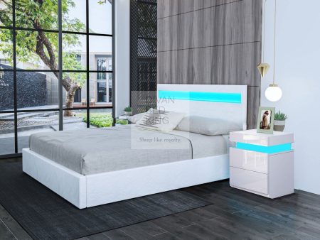 Pia White Leather LED Ottoman Gas Lift Storage Bed For Discount