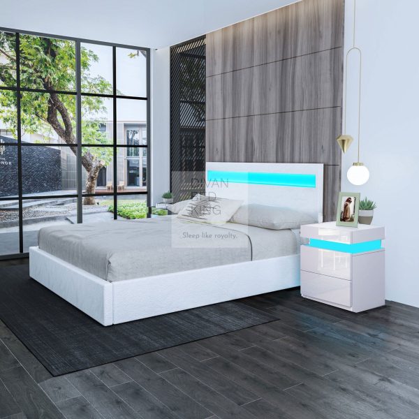 Pia White Leather LED Ottoman Gas Lift Storage Bed For Discount