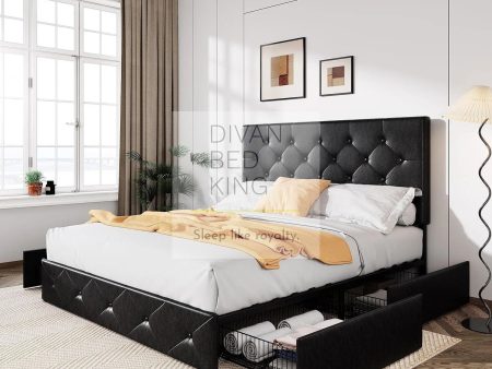 Emma Black Leather 4 Drawer Buttoned Bed Frame For Discount