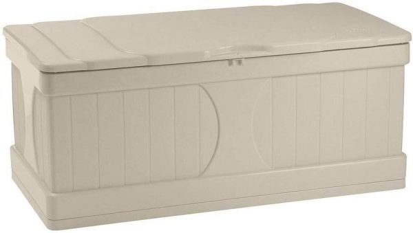 Suncast 99-Gallon Large Deck Box - Lightweight Resin Indoor Outdoor Storage Container and Seat for Patio Cushions, Gardening Tools and Toys - Store Items on Patio, Garage, Yard - Taupe Cheap