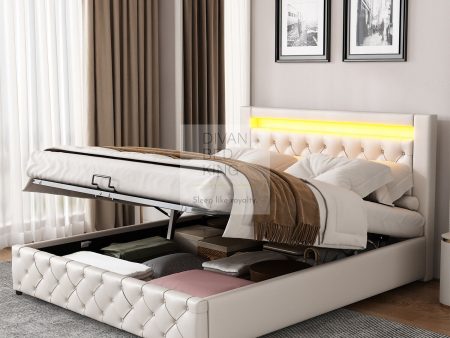 Santiago LED 4ft6 Double White Leather Ottoman Storage Bed on Sale