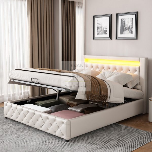 Santiago LED 4ft6 Double White Leather Ottoman Storage Bed on Sale