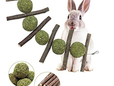 WoLover Rabbit Toys, Bunny Chew Toys for Teeth Grinding, 100% Natural Organic Wood Apple Sticks and Timothy Hay Balls Improve Pets Dental Health for Rabbit Cheap