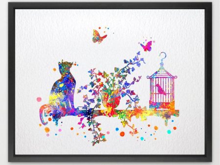 Dignovel Studios 13X19 Cat Birdcage and Butterfly Watercolor Art Print Wall Art Hanging Home Decor Nursery Decor Kids Art Fine Art Print Motivational Art N120 on Sale