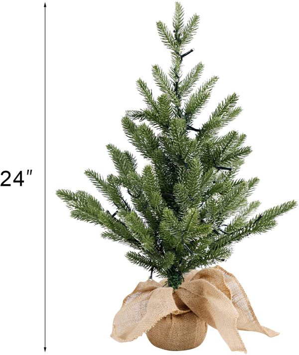 Juegoal 24Inch Pre-lit Christmas Pine Tree, with 50 Warm White Fairy Lights Tabletop Artificial Tree, Small Light up Pine Tree with Burlap Wooden Base for Xmas, Spring Home Decorations Discount