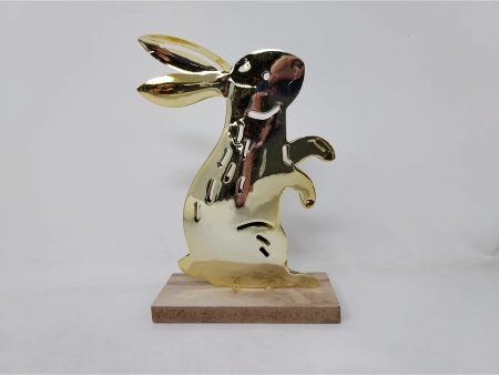 Brass 2 Sided Bunny Rabbit Home Decor Piece W  Wooden Base 5  Sale