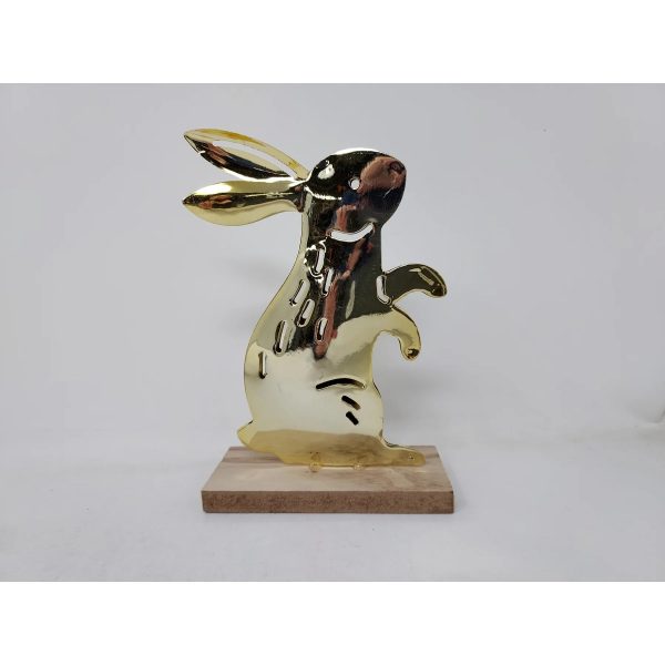 Brass 2 Sided Bunny Rabbit Home Decor Piece W  Wooden Base 5  Sale