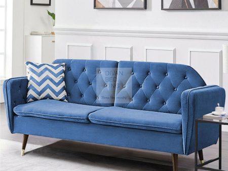 Regine Blue Plush Velvet 3 Seater Sofa Bed Cheap