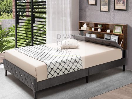 Vangogh Grey Plush Velvet Bed Frame with Headboard Storage Shelves For Cheap