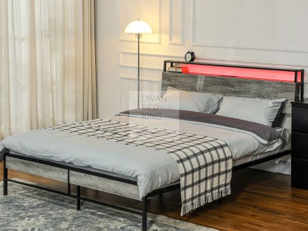 Henry Metal Grey Divan Bed with LED Headboard, Shelves, Sockets and USB Charging Station & Optional Drawers Online now