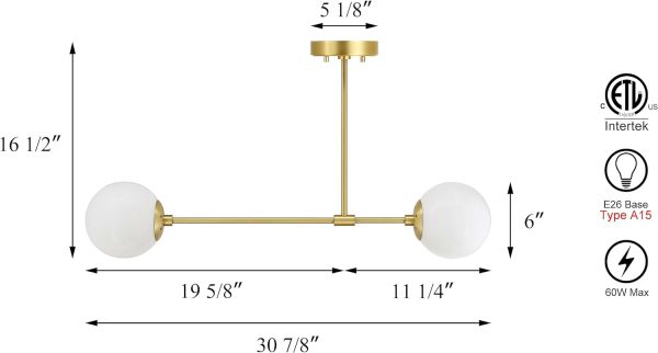 Semi Flush Mount Ceiling Light, 2 Light Globe, Satin Brass Online