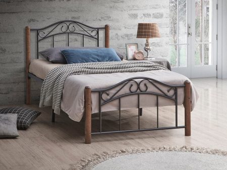 Walnut Wooden Rounded Post Bed with Black Metal Headboard & Footboard For Cheap