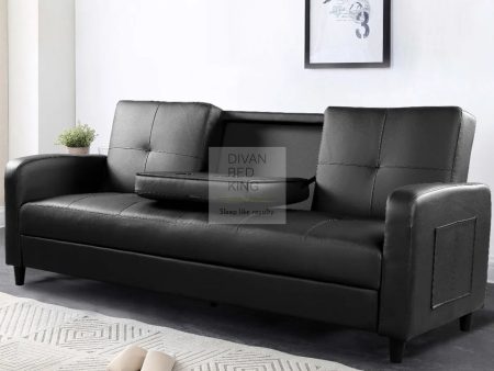 Salazar Black Leather 3 Seater Sofa Bed with Cup Holders, Armrest and Side Storage Pockets Online Sale