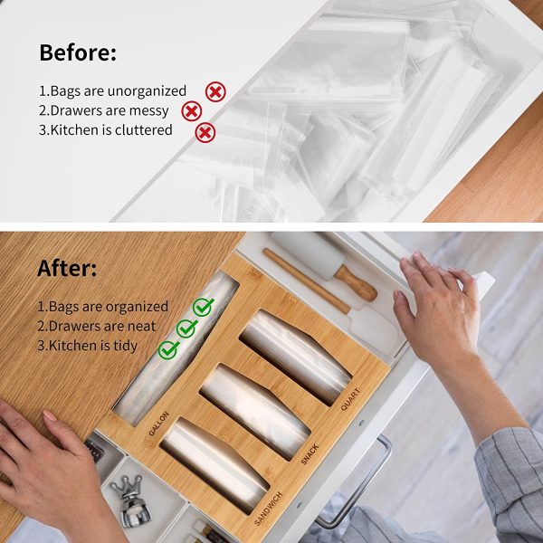 WimWam Ziplock Storage Bag Organizer for Kitchen Drawer with Bamboo Sandwich Bag Organizer, Gallon Plastic Bag Holder, Quart, Snack Baggie Organizer Dispenser Online